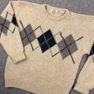 VTG Umberto Sweater Men Medium Tan Argyle 100% Virgin Shetland Wool Crewneck 90s